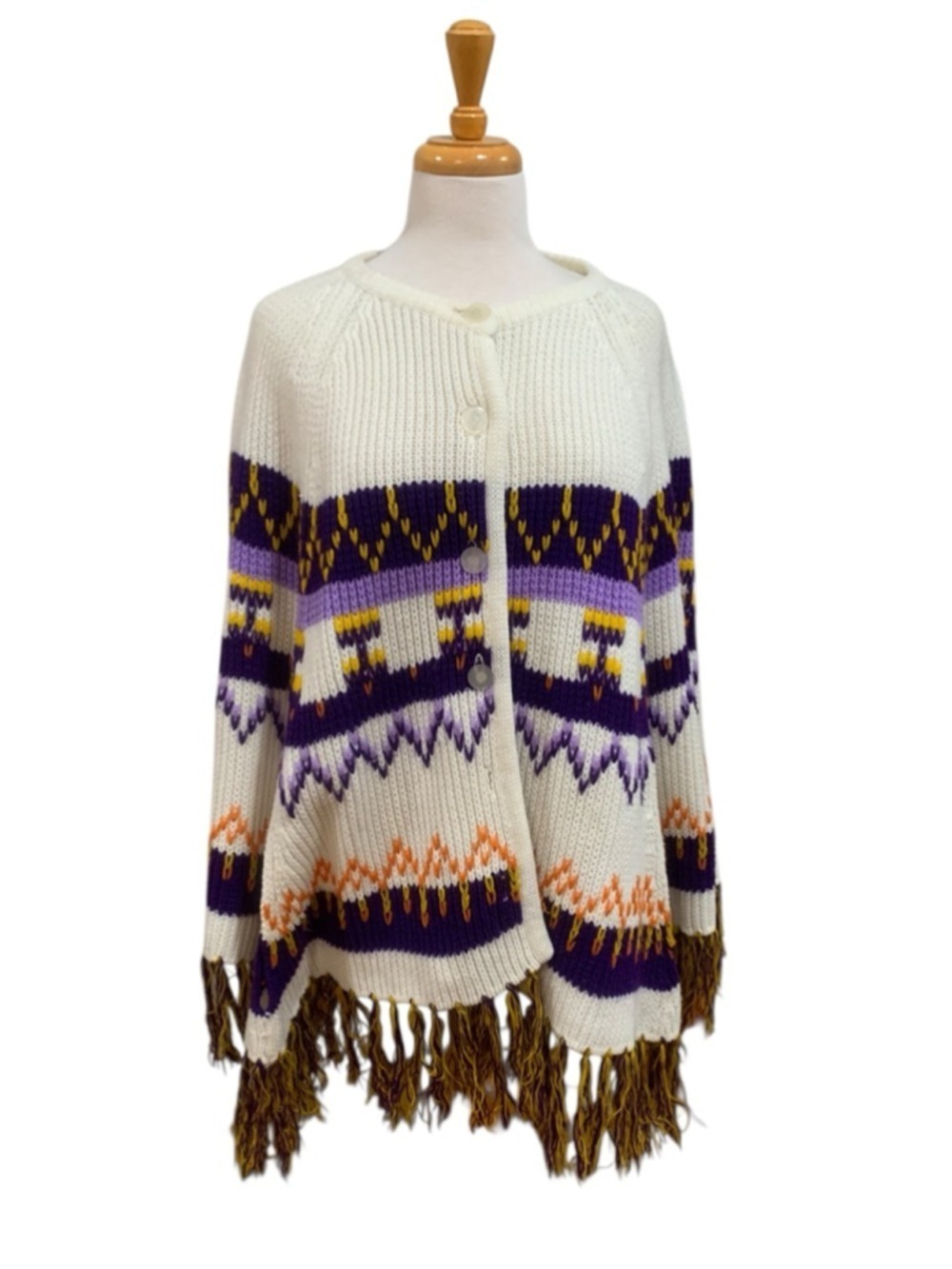 Vntg 70’s Women's White Purple yellow patterned Fringe Poncho Sweater OSFM